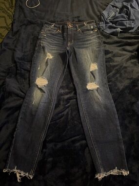 Women's Dark Indigo Distressed Skinny Jeans - Frayed Hem